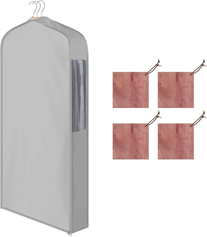 40" Cotton Garment Bag for Hanging and Storage Clothes with 4 Cedar Blocks for Fresh Smell and Moth Protection, Breathable Hanging Storage Bag for Suit Sweater Gown Fur Coat, 6'' Wide, Gray