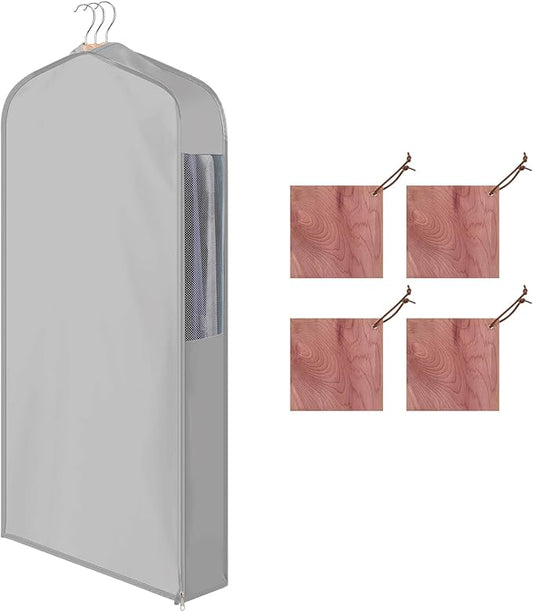 40" Cotton Garment Bag for Hanging and Storage Clothes with 4 Cedar Blocks for Fresh Smell and Moth Protection, Breathable Hanging Storage Bag for Suit Sweater Gown Fur Coat, 6'' Wide, Gray