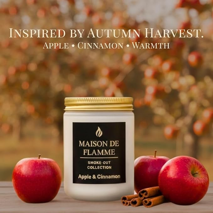 Apple & Cinnamon Odor-Eliminating Scented Candle (White Jar, 200g/7oz) | Long-Lasting Premium Soy Wax Candle for Smoke, Kitchen & Pet Odors