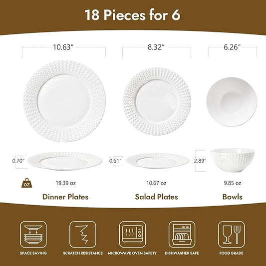 KINGSTONE Bone China Dinnerware Set, 18-Piece White Lightweight Porcelain for 6, Plates and Bowls with Rhombus patterned edge design, Microwave and Dishwasher Safe, for Family, Restaurant, Gifting