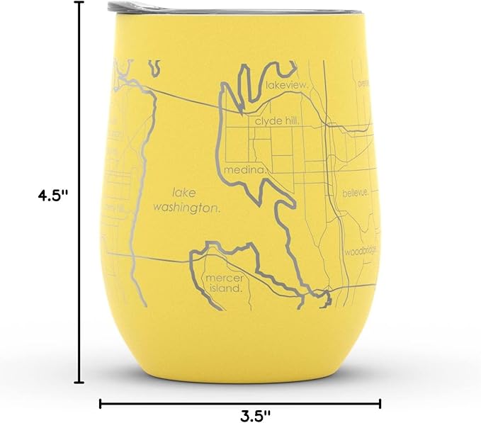Well Told Engraved Seattle Washington Map Insulated Wine Tumbler, Etched Stainless Steel Cup (12 oz, Sunrise Yellow) City Map Insulated Tumbler, Custom Insulated Tumbler, Outdoor Drinkware