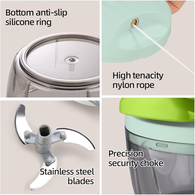 Manual Food Processor Vegetable Chopper 2.3 Cup Small Mini Hand Pull String Onion Chopper Garlic Mincer Cutter with 3 Stainless Steel Blades - Green
