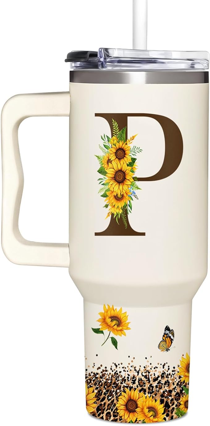 Personalized Birthday Gifts For Women - Sunflowers Monogrammed Cup For Boss Day, Christmas - Customized Gifts For Women, Mom, Wife, Coworkers, Boss Lady, Her - Custom Tumbler With Handle 40oz