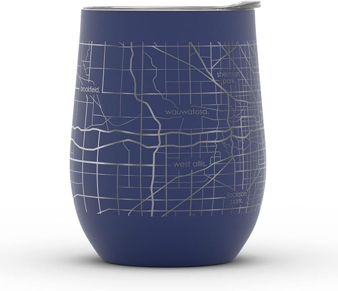Well Told Engraved Milwaukee Wisconsin Map Insulated Wine Tumbler, Etched Stainless Steel Cup (12 oz, Midnight Blue) City Map Insulated Tumbler, Custom Insulated Tumbler, Outdoor Drinkware