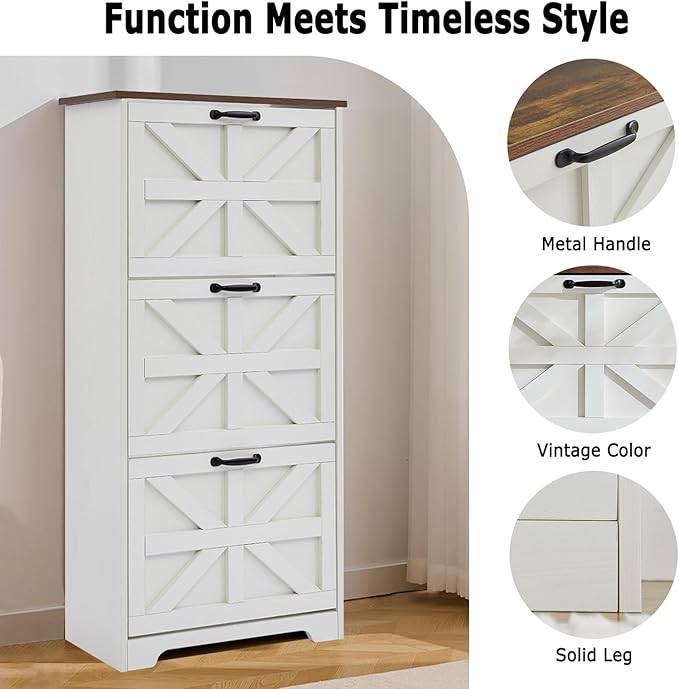 Shoe Storage Cabinet with Bench, Farmhouse Shoe Organizer with Barn Door Design, Space-Saving Hidden Narrow Shoe Rack Cabinet for Entryway, Hallway & Foyer，White