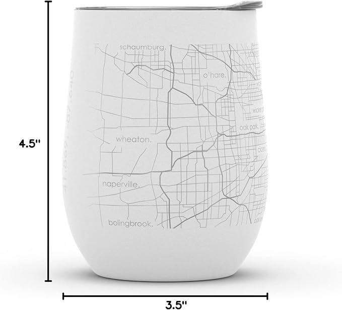 Well Told Engraved Chicago Illinois Map Insulated Wine Tumbler, Etched Stainless Steel Wine Tumbler (12 oz, White) City Map Insulated Tumbler, Custom Insulated Tumbler, Outdoor Drinkware