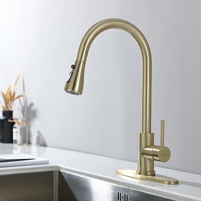 Gold Pull Down Kitchen Faucet with Soap Dispenser - Single Handle High Arc Stainless Steel Faucet