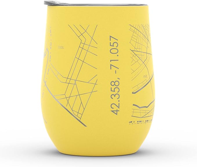 Well Told Engraved Boston Massachusetts Map Insulated Wine Tumbler, Etched Stainless Steel Cup (12 oz, Sunrise Yellow) City Map Insulated Tumbler, Custom Insulated Tumbler, Outdoor Drinkware