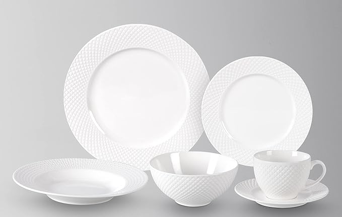HomeVss, New Bone China Dinnerware Set, Embossed Diamond Design, 48pc Set