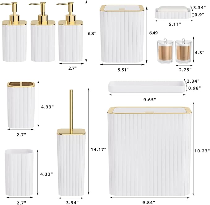 Bathroom Accessory Set - Bathroom Set, 12PC Bathroom Accessories Set, White Bathroom Accessories Set, Mini Trash Can, Toilet Brush, Trash Can & Soap Dispenser