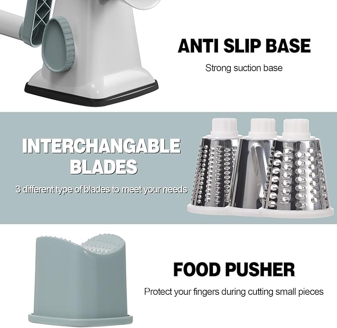 Cheese Grater Cheese Shredder with 3 Interchangeable Blades, Rotary Cheese Grater Manual Vegetable Slicer with Non-slip Suction Base Peanut Nuts Grinder Vegetable Shredder White