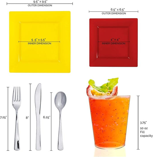 Elegant Disposable Plastic Dinnerware Set, Heavy Duty Plastic Plates (Yellow and Red, Wedding Value Set (40 Guests))