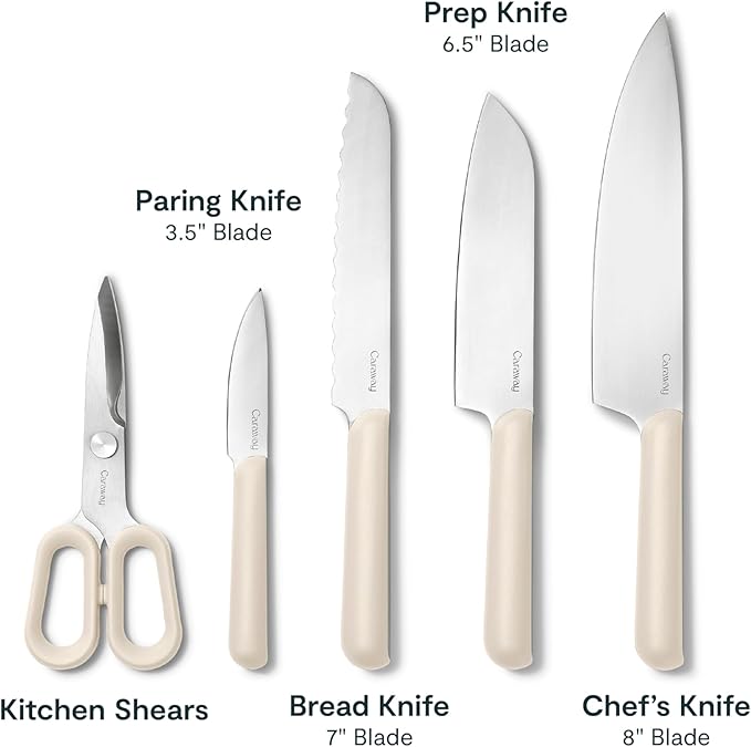Caraway 5 Piece Knife Set - Premium German Steel Blade Kitchen Knives - Ergonomic Handles - No Microplastics - Cream
