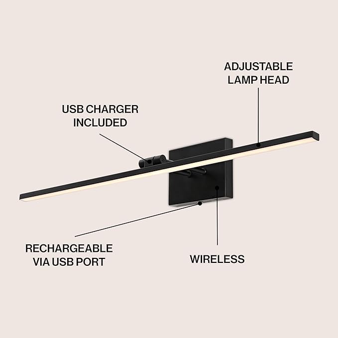 JONATHAN Y JYL7163C Santino 28" Modern Minimalist Swivel Integrated Dimmable LED Rechargeable Picture Light with Touch Sensor for Bedroom, Living Room, Kitchen, Office, Black