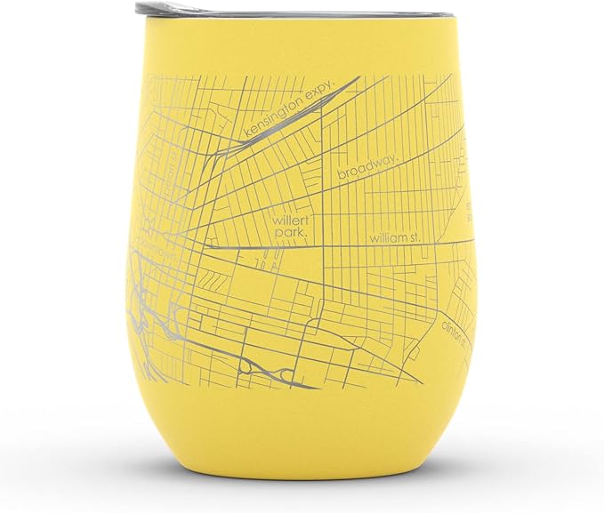 Well Told Engraved Buffalo New York Map Insulated Wine Tumbler, Etched Stainless Steel Cup (12 oz, Sunrise Yellow) City Map Insulated Tumbler, Custom Insulated Tumbler, Outdoor Drinkware