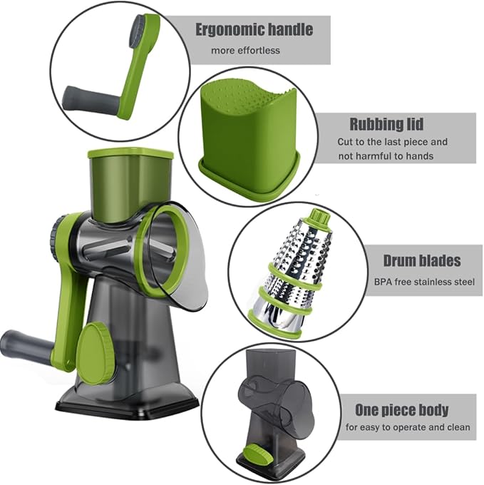 Rotary Cheese Grater Shredder with Handle Handheld Round Mandoline Vegetable Slicer Carrot Shredder Nut Grinder with 3 Replaceable Stainless Steel Drum Blades and Upgrade Strong Suction, Grey/Green