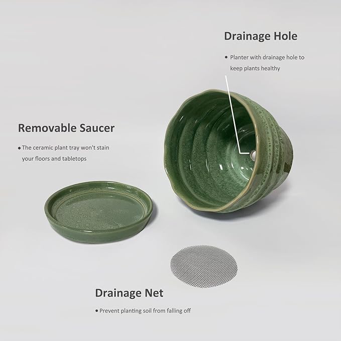 6in Plant Pot, Ceramic Planter, Plant Pots Indoor, Plant Pots with Drainage Holes and Saucers, Flower Pots for Indoor Plants, Bright Green