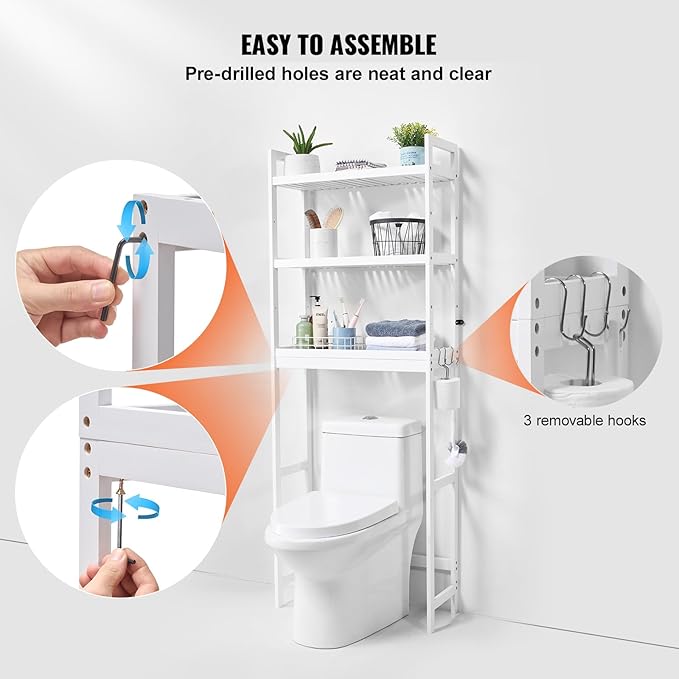 VEVOR Over The Toilet Storage, 3-Tier Adjustable Over Toilet Bathroom Organizer, Bamboo Storage Shelf Rack with 3 Hooks, Freestanding Easy Assembly Laundry Space Saver, Fit Most Toilets, White
