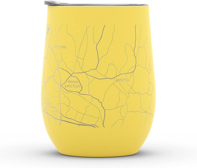 Well Told Engraved Burlington Vermont Map Insulated Wine Tumbler, Etched Stainless Steel Cup (12 oz, Sunrise Yellow) City Map Insulated Tumbler, Custom Insulated Tumbler, Outdoor Drinkware