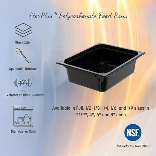 Carlisle FoodService Products Storplus Food Pan, Storage Container with Spoonable Corners for Catering, Buffets, Restaurants, Polycarbonate (Pc), 1/3 Size 6 Inches Deep, Black