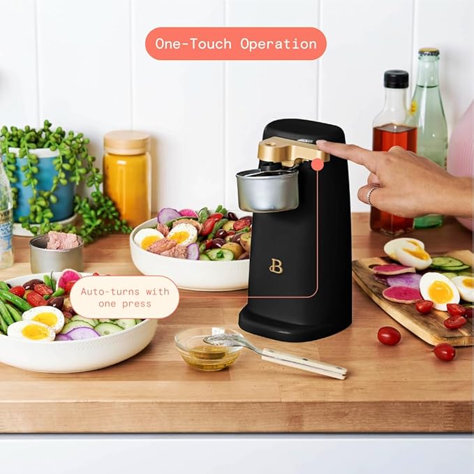 Beautiful Electric Can Opener with Auto-Turn, Magnetic Lid Holder, Knife Sharpener, Bottle Opener, Removable Lever, Cord Storage, No-Tilt Base, Stainless Steel Blade, 70W, Black Sesame