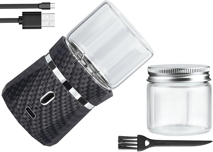Electric Grinder Automatic Mini Size Spice Crusher with 2PCS Glass Jar of 1.7oz/50ml Rechargeable (not for grinding nut & coffee bean), Carbon Fiber Pattern