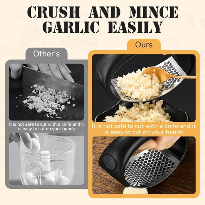 Garlic Press Rocker - 2024 NEW Stainless Steel Garlic Mincer Garlic Crusher with Peeler, New Innovative Garlic Chopper with Peeler and Scraper for Smash Garlic