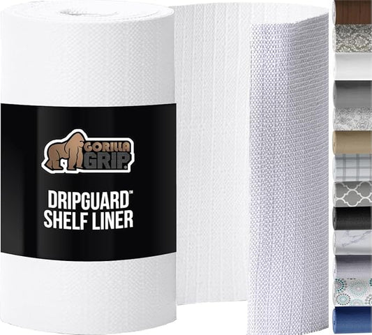 GORILLA GRIP DripGuard Shelf Liner, Non Adhesive Drawer and Kitchen Cabinet Protector, Slip Resistant BPA Free Smooth Surface Plastic Liners for Cabinets, Bathrooms, Closets, 17.5x240 Inch, White