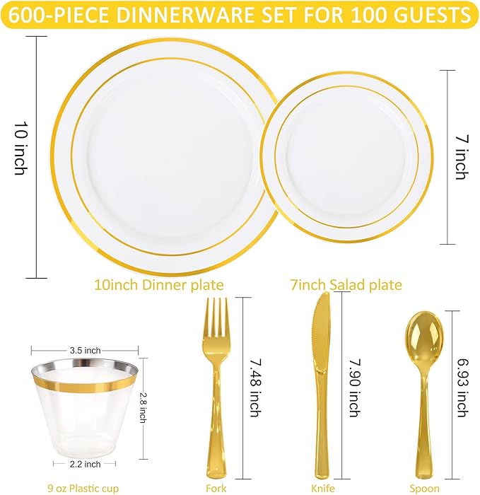 WELLIFE 600 PCS Gold Disposable Dinnerware Set for 100 Guests, Gold and White Plastic Plates for Party, 100 Each-Dinner & Salad Plates, Cups, Forks Knives Spoons for Christmas Wedding and Party