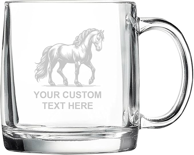 Horse, Personalized 12.5 oz Polar Camel Glass Coffee Desk Mug – Custom Laser Engraved Clear Cup for Tea, Espresso, Latte, Whiskey - Microwave Safe/Made in USA
