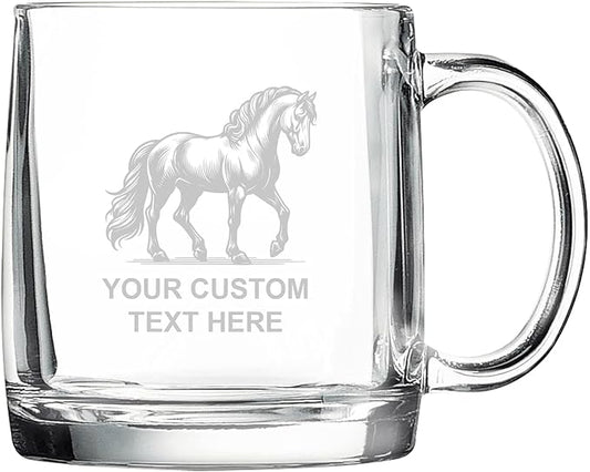 Horse, Personalized 12.5 oz Polar Camel Glass Coffee Desk Mug – Custom Laser Engraved Clear Cup for Tea, Espresso, Latte, Whiskey - Microwave Safe/Made in USA
