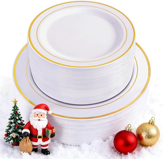 WDF 120 pieces Gold Disposable Plastic Plates - White and Gold Plates Include 10.25" Dinner Plate & 7.5" Salad Plate for Christmas/Weddings/Party