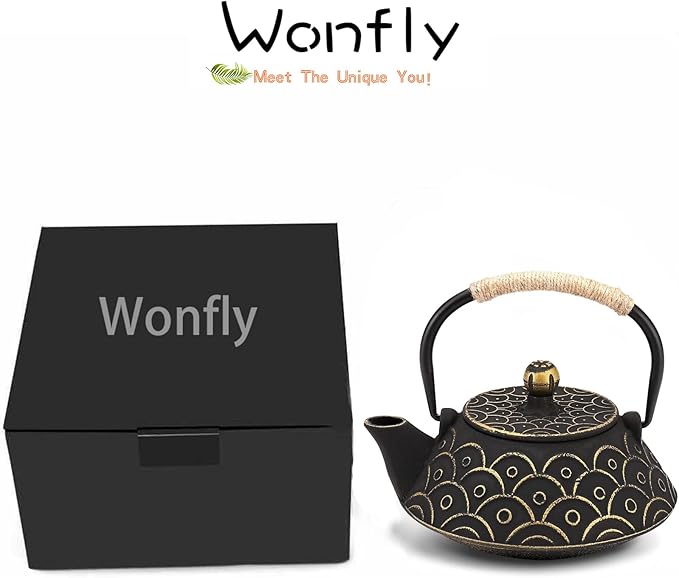 Japanese Tea Kettle Cast Iron Teapot, Teapot Infuser Strainer Set Chinese Black with Gold Wave Pattern with Stainless Steel Filter 30oz/0.9L