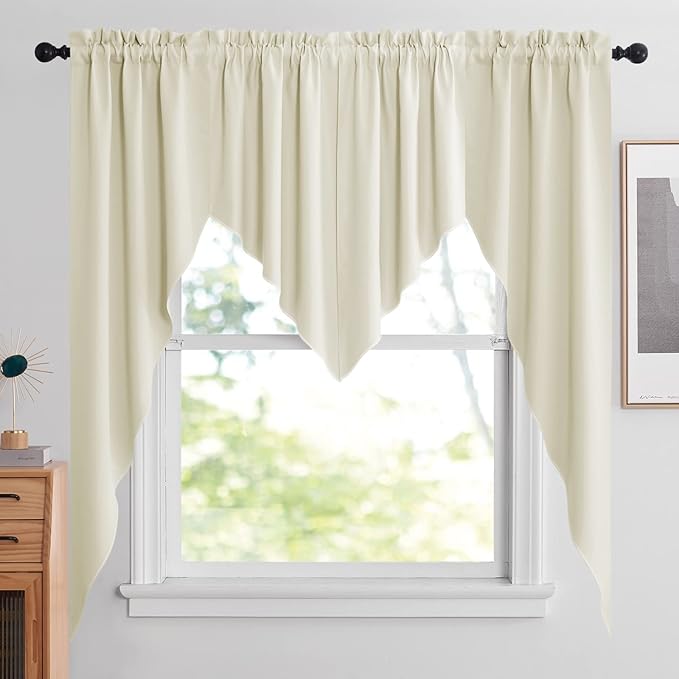 NICETOWN Swag Curtains for Living Room, Room Darkening Kitchen Valances for Sink Over, Farmhouse Short Curtains for Bathroom Casual Weave Curtain Drapes, 2 Panels, W36 x L63, Light Beige