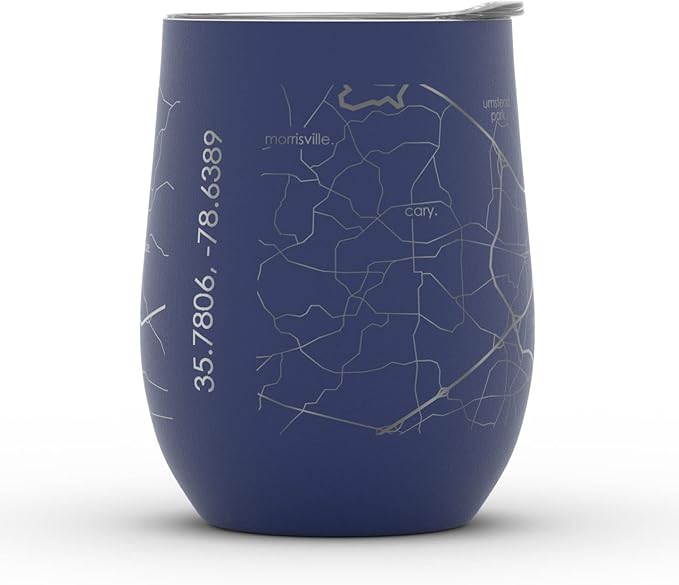 Well Told Engraved Raleigh North Carolina Map Insulated Wine Tumbler, Etched Stainless Steel Cup (12 oz, Midnight Blue) City Map Insulated Tumbler, Custom Insulated Tumbler, Outdoor Drinkware