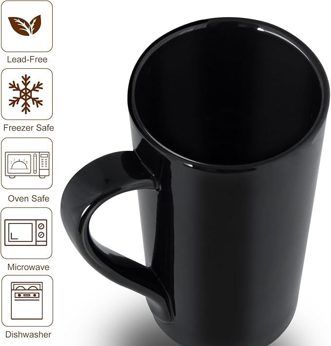 20oz Porcelain Coffee Mugs Set of 2, Large Tall Ceramic Coffee Cups with Handles, Modern for Coffee, Tea, Cocoa, Milk - Black