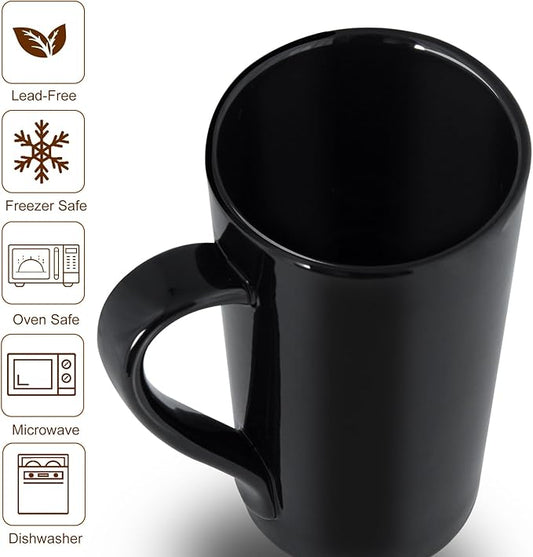 20oz Porcelain Coffee Mugs Set of 2, Large Tall Ceramic Coffee Cups with Handles, Modern for Coffee, Tea, Cocoa, Milk - Black