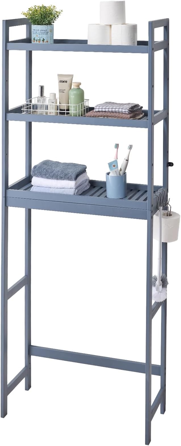 VEVOR Over the Toilet Storage, 3-Tier Adjustable Over Toilet Bathroom Organizer, Bamboo Storage Shelf Rack with 3 Hooks, Freestanding Easy Assembly Laundry Space Saver, Fit Most Toilets, Gray