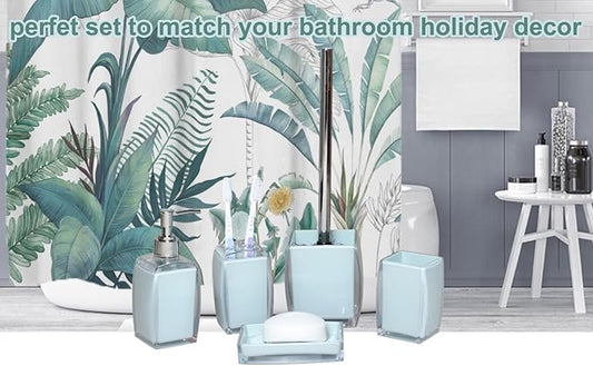 5 Pcs Blue Acrylic Bathroom Accessories Set Complete,Lotion/Soap Dispenser,Soap Dish,Toothbrush Holder,Tumbler, Toilet Brush and Holder, Modern Bathroom Decor and Housewarming Gift Set, Blue