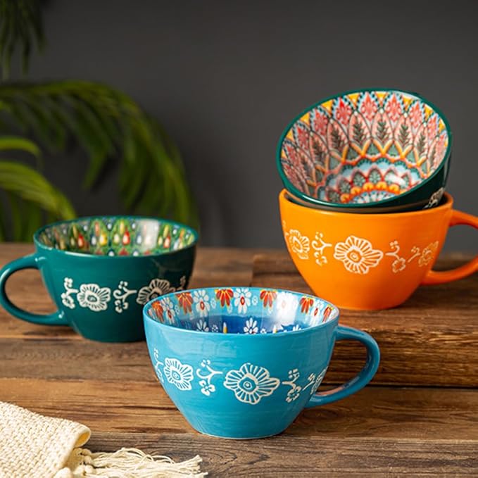 Bohemian Hand-Painted Ceramic Mug, 15 Oz Large Coffee Cup for Milk, Tea, and Breakfast, Dishwasher & Microwave Safe Artisan Cup, Orange