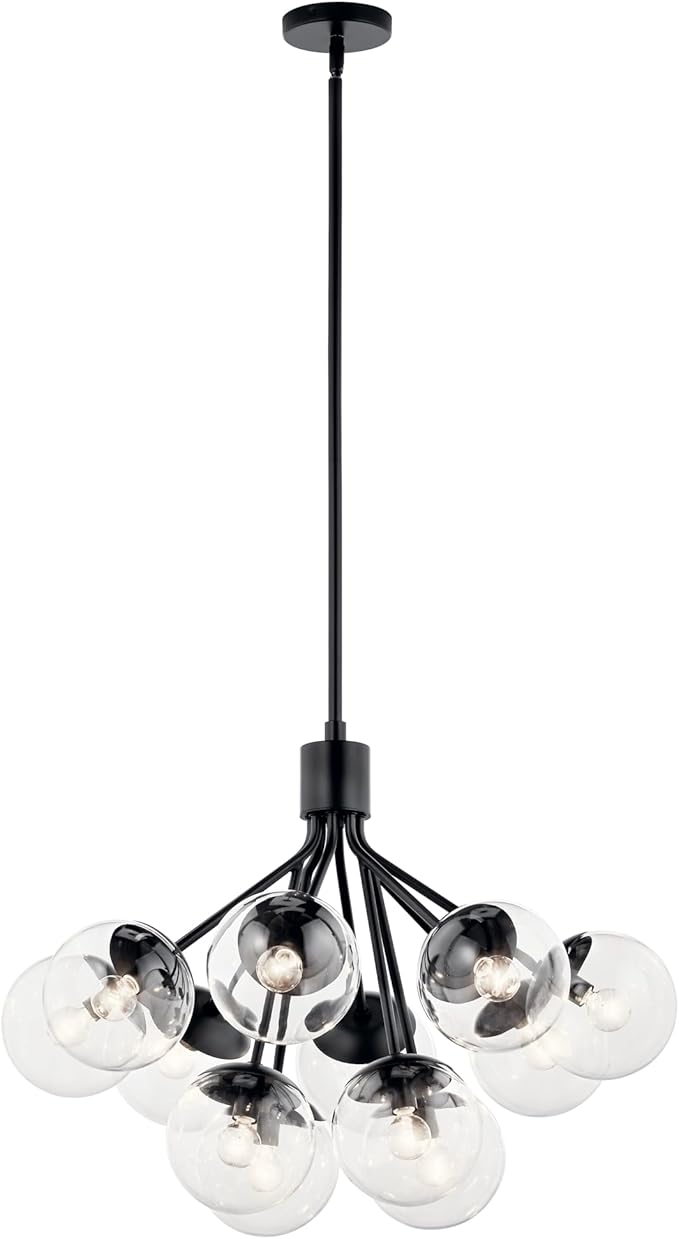 KICHLER Silvarious 12-Light Convertible Chandelier, Soft Modern Light with Clear Glass in Black, for Dining Room, Living Room, Bedroom or Foyer (22.25" x 30"), 52701BKCLR