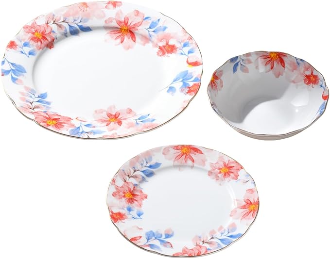 Exquisite ceramic tableware 3 Piece Bone China Modern Round Dishes Sets,Dinnerware dishset for Kitchen,Dinner Plate,Dessert Plate,Soup Bowl,Red flowers