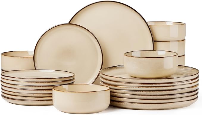 Herogo Stoneware Plates and Bowls Sets for 8, 24 Pieces Modern Round Dinnerware, Reactive Glaze Dishes Set for Kitchen, Chip Resistant, Microwave & Dishwasher Safe, Cream Khaki