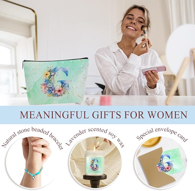 Personalized Gifts Monogrammed Birthday Gifts for Women, Her Employee Housewarming Christmas Initial Wine Tumbler Makeup Bag Scented Candle Bracelet Set, (Aesthetic Green Flower G)