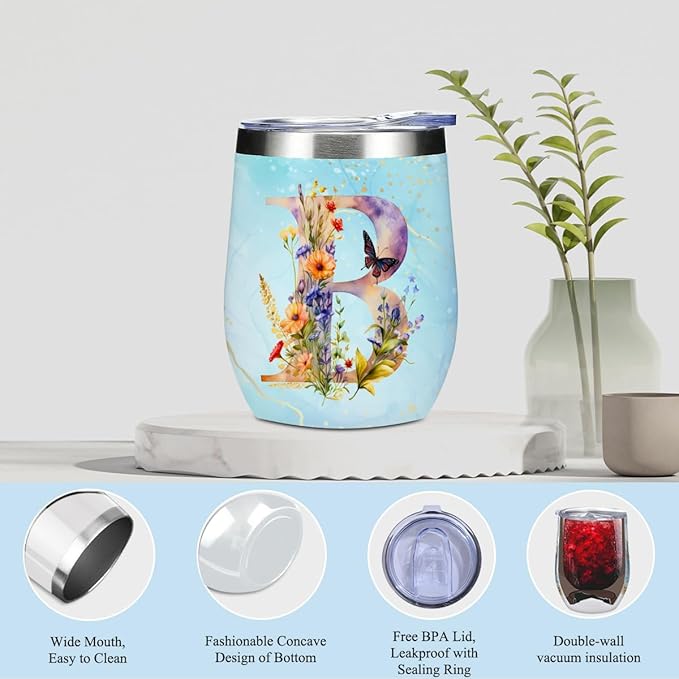 Personalized Gifts Monogrammed Birthday Gifts for Women, Sister Cowerker Mom Boss Day Christmas Appreciation Initial Wine Tumbler Makeup Bag Scented Candle Bracelet Set, (Aesthetic Blue Flower B)