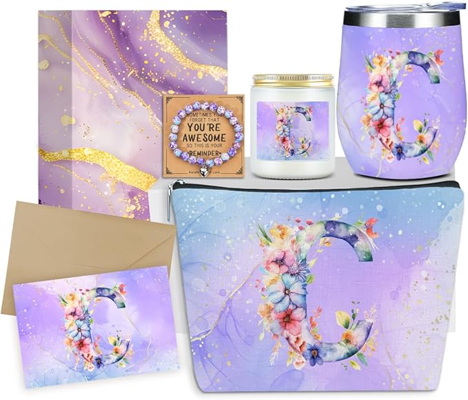 Personalized Gifts Monogrammed Birthday Gifts for Women, Cowerker Bride Wife Sister Wedding Christmas Initial Wine Tumbler Makeup Bag Scented Candle Bracelet Set, (Aesthetic Purple Flower C)