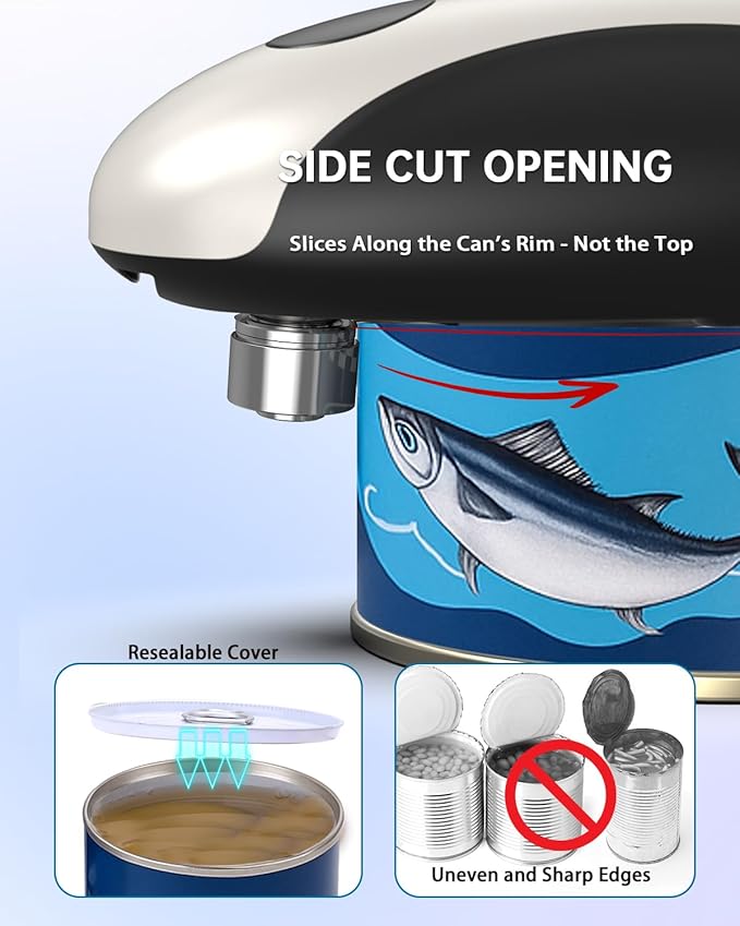 CIRCLE JOY Rechargeable Electric Can Opener, One-Touch Automatic Can Opening with Lid Remover & Smooth Edge Cutting, Food-Safe, Easy to Use for Seniors and Arthritis, Black White