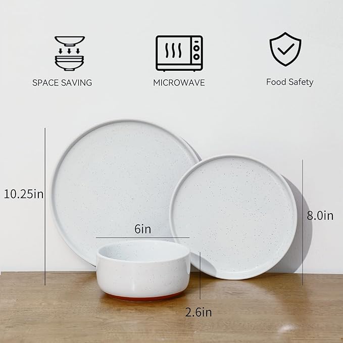 GZG Modern Art Series - 18 Pcs Speckled Stoneware Plates and Bowls Sets, Ceramic Dinnerware Set with Rustic Terracotta Underside, Microwave and Dishwasher Safe Handcrafted Dishes Set - Porcelain White