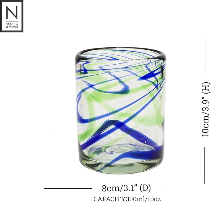 NOVICA Artisan Handblown Recycled Tumbler Drinkware | Rocks Glass Handmade Mexico Drinkware Tumbler | Handcrafted Blown Glass Rocks Blue Green Swirls | Eco-Friendly Drinking Glasses | 10 oz | 'Elegant