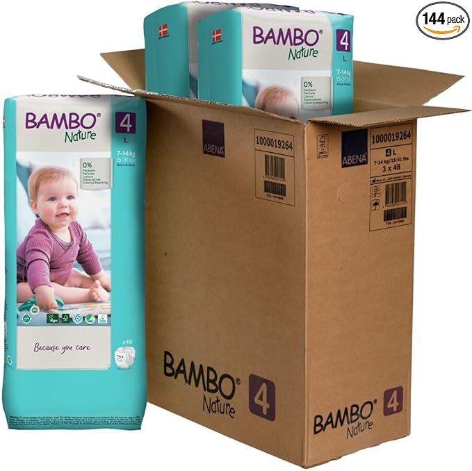 Bambo Nature Hypoallergenic Baby Diapers, Eco-Labeled Diapers, Enhanced Leakage Protection, Totally Chlorine-Free, Skin Friendly, and Super Absorbent - Size 4 (144 Count)